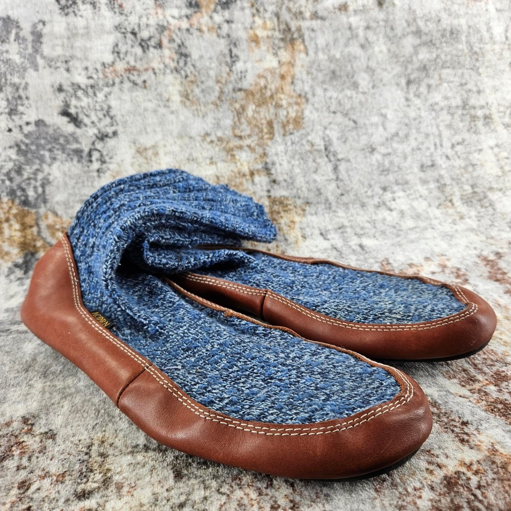 Acorn Wool Slipper Socks Men 9 Womens 10.5 Blue Marl Knit Brown Leather Moccasin